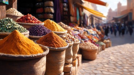 Fototapeta premium A vibrant market scene filled with colorful spices displayed in baskets, inviting exploration and discovery.