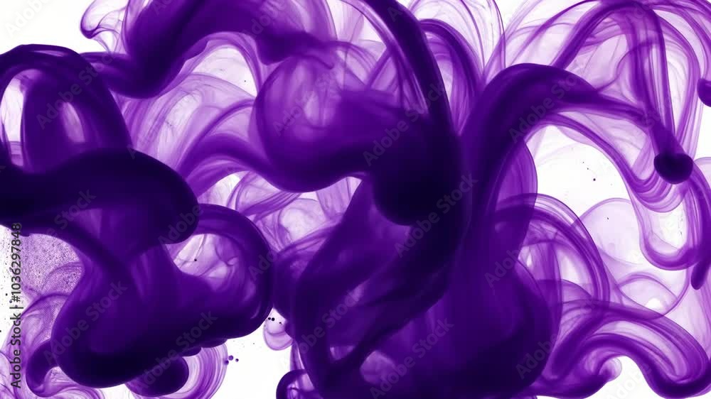 Poster purple ink swirls and dances in a clear liquid, creating abstract patterns and textures