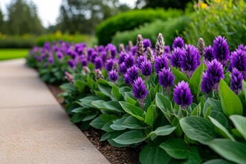 A row of Malva plants lining a garden path, their tall flowers creating a colorful border