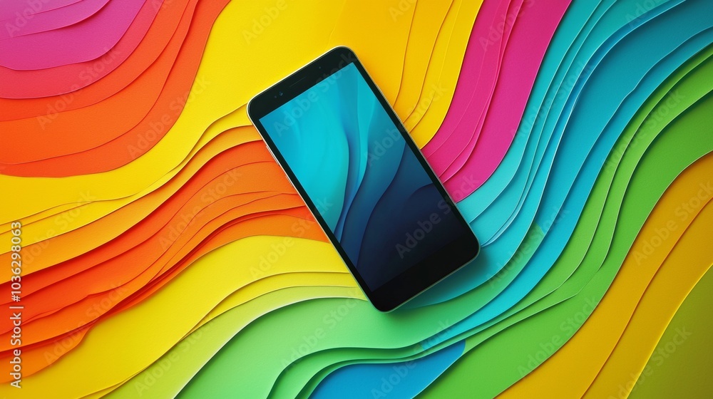 Poster cell phone is shown on a colorful background with abstract lines