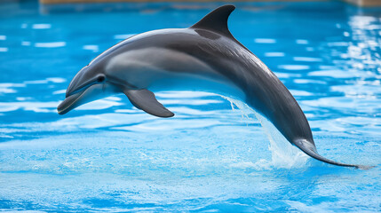 Bottlenose Dolphin Soars Through the Air Against a Blue Sky and Fluffy Clouds.