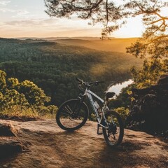 Obraz premium A striking mountain bike positioned against a breathtaking outdoor backdrop, showcasing the essence of adventure and outdoor sports. The vibrant scenery features lush greenery, rugged terrain