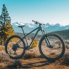 Fototapeta premium A striking mountain bike positioned against a breathtaking outdoor backdrop, showcasing the essence of adventure and outdoor sports. The vibrant scenery features lush greenery, rugged terrain