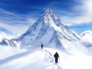 Two climbers trek through snowy terrain towards a majestic mountain peak under a bright blue sky, showcasing adventure and the beauty of nature.