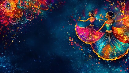 Elegant Dandiya night banner adorned with bright colors and decorative patterns, highlighting the excitement of Garba dance during the Indian festival