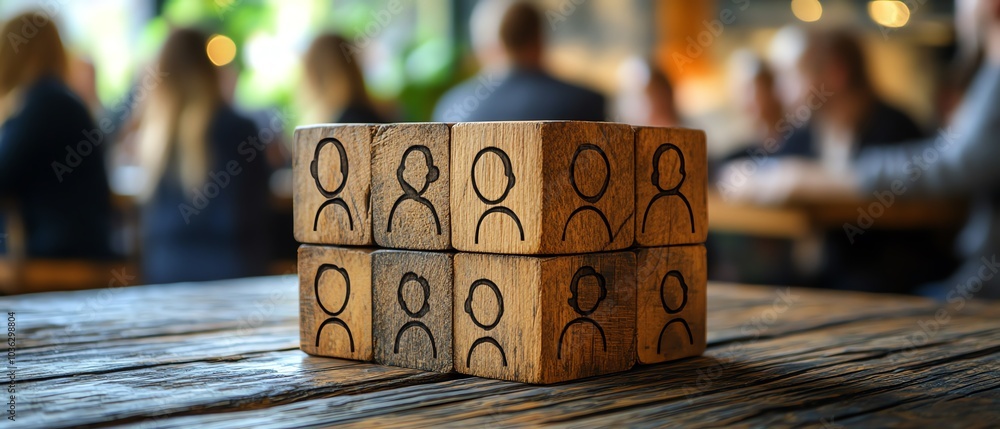 Aufkleber stylish icon for a customer focus group featured on a rustic wooden block, interconnected with human