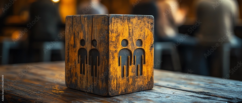 Poster stylish icon for a customer focus group featured on a rustic wooden block, interconnected with human
