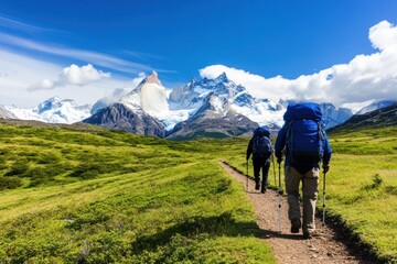 Obraz premium Two hikers trek through lush green terrain towards majestic mountains under a bright blue sky.