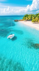 Naklejka premium A serene beach scene featuring a sailboat anchored in crystal-clear turquoise waters, surrounded by lush greenery and a sandy shore.