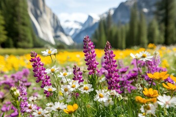 Obraz premium A vibrant meadow filled with colorful wildflowers in bloom, set against majestic mountains and a clear blue sky.