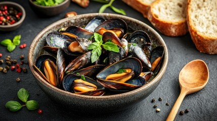 Fresh Mussels in Bowl with Herbs and Bread Slice