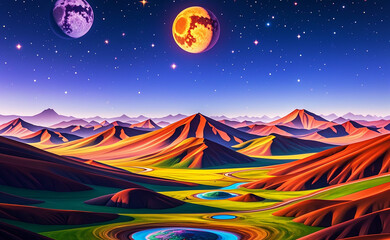 An illustration of an alien planet that is unknown to humans on earth; colorful vector illustration of a planet with multiple moons and starts in the skies; concept art; futuristic art; intergalactic 