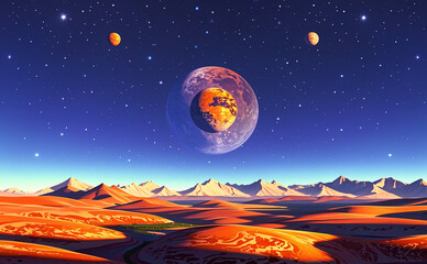 Fototapeta premium An illustration of an alien planet that is unknown to humans on earth; colorful vector illustration of a planet with multiple moons and starts in the skies; concept art; futuristic art; intergalactic 