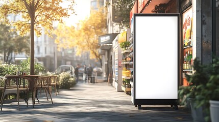 A large, empty white sign next to a high-tech vending machine, waiting for an ad display.
