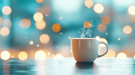 A cozy cup filled with a warm beverage sits on a table, surrounded by soft bokeh lights, creating a calming and inviting atmosphere perfect for relaxation.