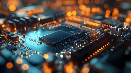 Closeup on electronic motherboard in hardware repair shop, blurred panoramic image with details of the circuitry and close-up on electronics. Picture toned in orange and blue.