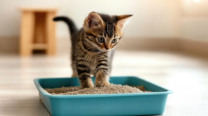 Playful Kitten in Litter Box on Bright Floor