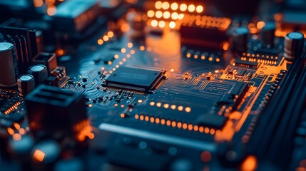 Fototapeta premium Closeup on electronic motherboard in hardware repair shop, blurred panoramic image with details of the circuitry and close-up on electronics. Picture toned in orange and blue.