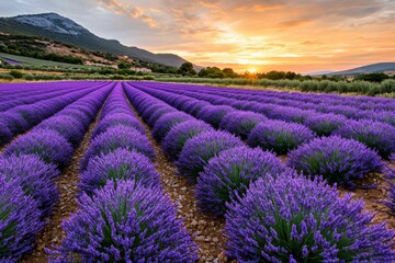 Obraz premium Lavender fields in Provence, with rows of purple flowers stretching into the distance, under a warm, golden sunset