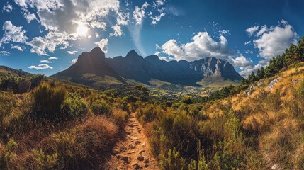 Fototapeta premium A winding trail leads through a valley with a mountain range in the background. The sun shines brightly in the blue sky.