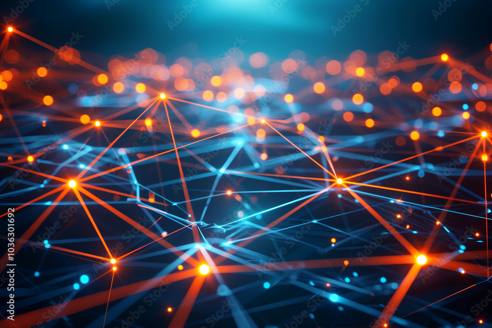 Poster abstract tech background with futuristic digital grid with glowing neon lines, intersecting and form