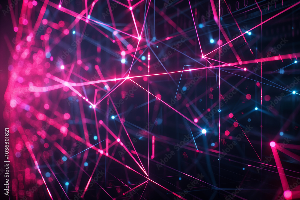 Poster abstract tech background with Futuristic digital grid with glowing neon lines, intersecting and forming a dynamic, high-tech network on a dark backdrop.