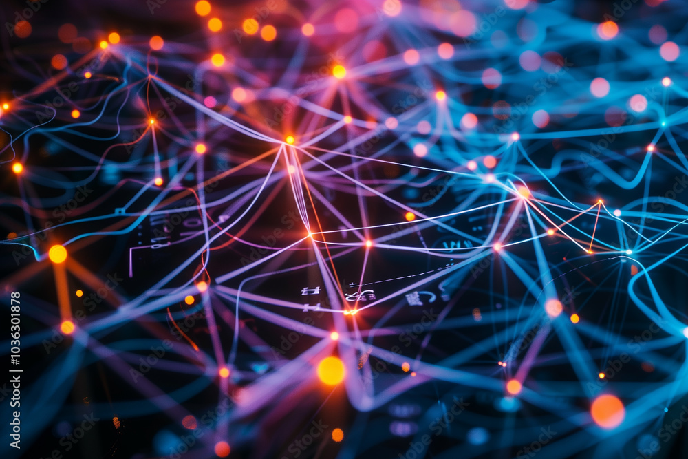 Poster abstract tech background with futuristic digital grid with glowing neon lines, intersecting and form