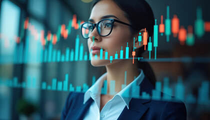 Businesswoman Evaluating Stock Data with Financial Overlay: A businesswoman evaluating stock data with a financial overlay, symbolizing data-driven insights and decisions.