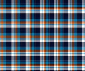 Plaid fabric pattern, navy blue, white, orange, blue, modern seamless contrast lines pattern for textiles, and for designing clothes, skirts or decorative fabrics. Vector illustration.