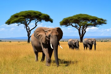 Obraz premium Nature, depicted in a peaceful savannah environment, with acacia trees, elephants, and golden grasslands under a clear sky