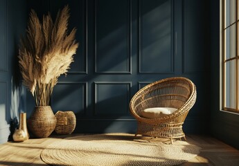 Fototapeta premium A wicker chair in a blue room with natural elements.
