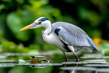 Obraz premium Nature, displayed in a wetland environment where herons, frogs, and aquatic plants coexist in a calm, water-filled habitat
