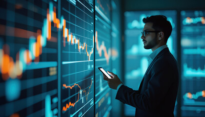 Professional Analyzing Market Trends with Digital Interface: A professional analyzing market trends using a digital interface, symbolizing data-driven financial strategy.