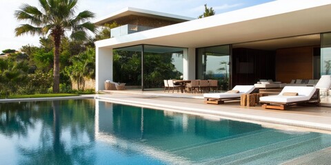 Fototapeta premium A stunning luxury modern villa featuring an inviting swimming pool and a beautifully designed outdoor lounge area, showcasing contemporary architecture and a luxurious lifestyle. 