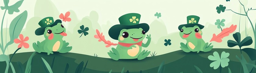 Fototapeta premium Leprechaun frogs wearing hats with feathers, cute and surrounded by shamrock leaves in a natural environment, flat design illustration