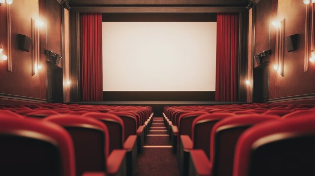 An empty movie theatre with red velvet seats and a blank screen.