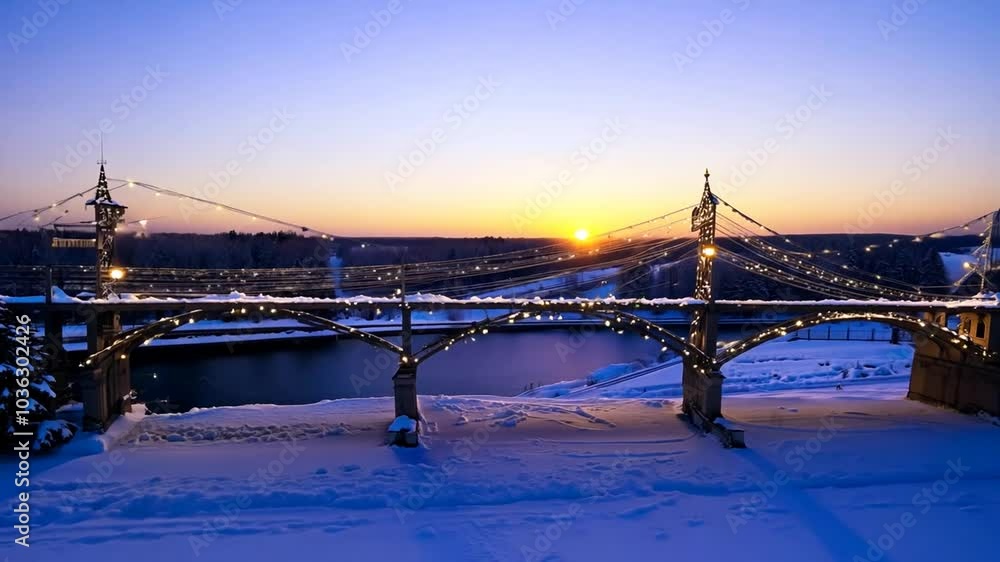 Poster a bridge over a frozen river with a snowy forest behind it. the sun is setting in the distance, cast