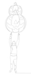 One continuous line of Man pointing with finger at Halloween Pumpkin, Jack O' Lantern. Thin Line Illustration vector concept. Contour Drawing Creative ideas.