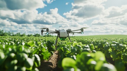 A futuristic farm using robotic drones for precision agriculture and automated crop management, Precision farming technology style, photo of
