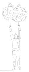 One continuous line of Man pointing with finger at Halloween Pumpkin, Jack O' Lantern. Thin Line Illustration vector concept. Contour Drawing Creative ideas.