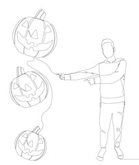 One continuous line of Man pointing with finger at Halloween Pumpkin, Jack O' Lantern. Thin Line Illustration vector concept. Contour Drawing Creative ideas.