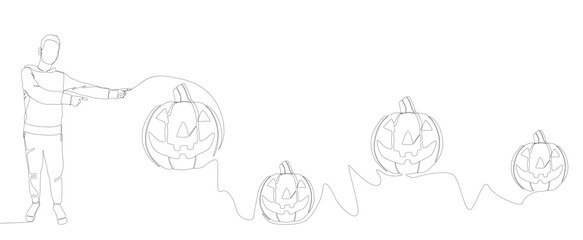 One continuous line of Man pointing with finger at Halloween Pumpkin, Jack O' Lantern. Thin Line Illustration vector concept. Contour Drawing Creative ideas.