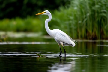 Fototapeta premium Nature, portrayed in a thriving wetland ecosystem with herons, frogs, and reeds balanced in their natural environment