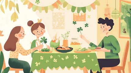 Man or girl celebrating St Patricks Day, big festive decor, eating healthy food, charming character design, flat design illustration