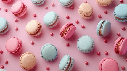 Macaroon snack colorful flavor fruity creamy layer pattern on pink background