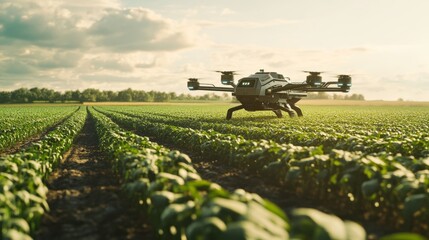 A futuristic farm using robotic drones for precision agriculture and automated crop management, Precision farming technology style, photo of
