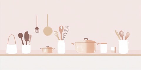 A minimalist kitchen illustration featuring elegant copper cookware and cooking utensils, embodying modern simplicity in kitchen design. This artwork showcases the beauty of functional kitchen tools, 