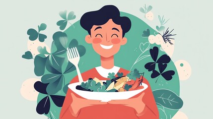 Man or girl celebrating St Patricks Day, big festive decor, eating healthy food, charming character design, flat design illustration