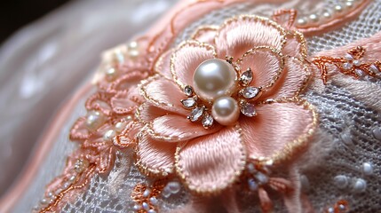 Delicate Pink Flower with Pearls and Rhinestones   Close Up
