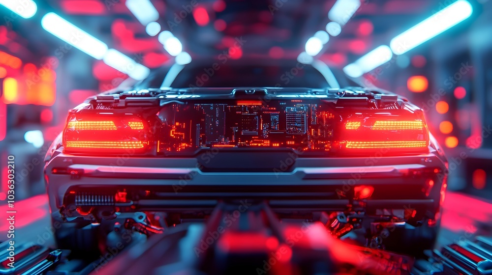 Poster ai driven robot mechanic utilizing precision lasers to repair microchips in futuristic car component